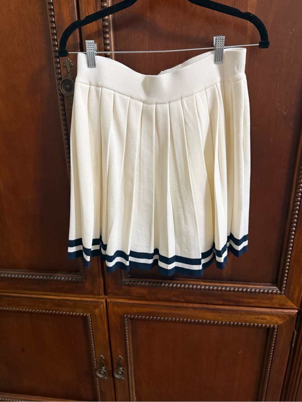 Skies Are Blue Cream Pleated Skater Skirt with Navy Stripes